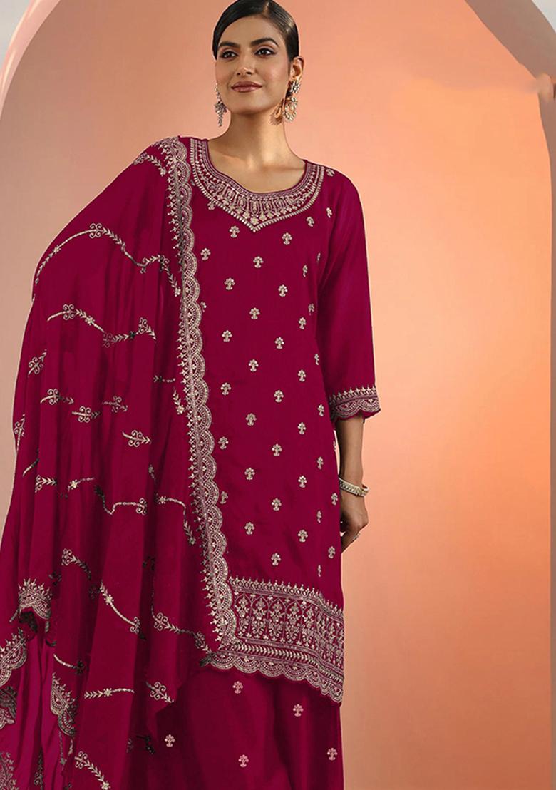 Dark Red Embroidery Georgette Salwar Kameez - Indya