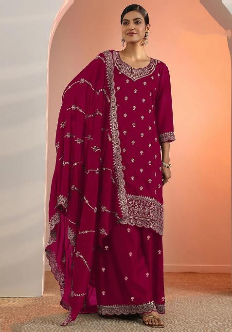 Dark Red Embroidery Georgette Salwar Kameez