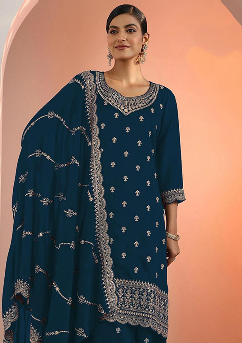 Teal Blue Embroidery Georgette Salwar Kameez - Indya