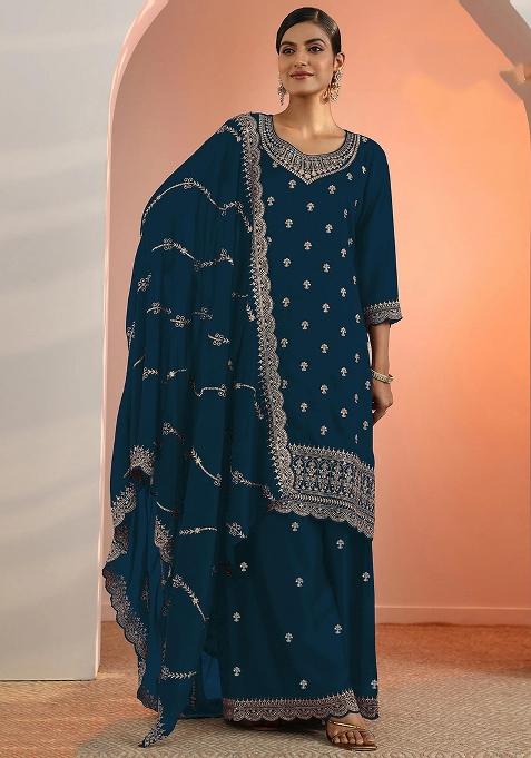Teal Blue Embroidery Georgette Salwar Kameez