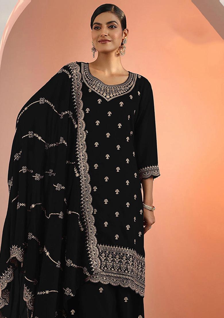 Black Embroidery Georgette Salwar Kameez - Indya