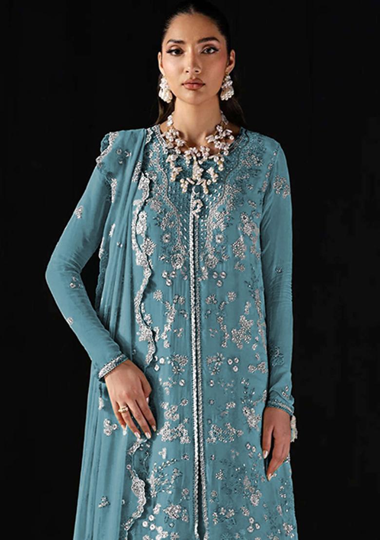 Dark Blue Embroidery Chiffon Salwar Kameez - Indya