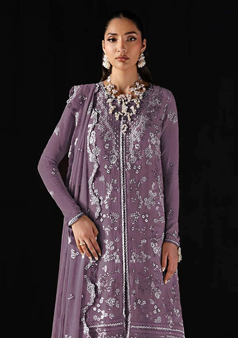 Purple Embroidery Chiffon Salwar Kameez - Indya