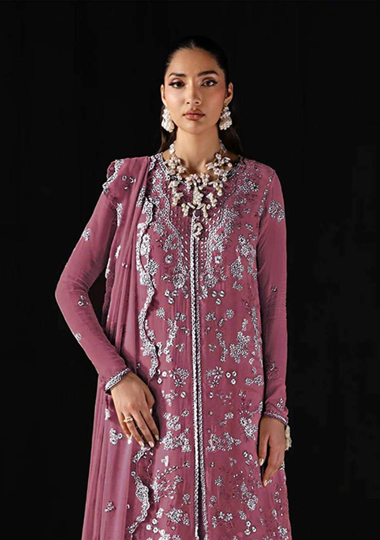 Pink Embroidery Chiffon Salwar Kameez - Indya