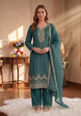 Teal Green Embroidery Silk Salwar Kameez