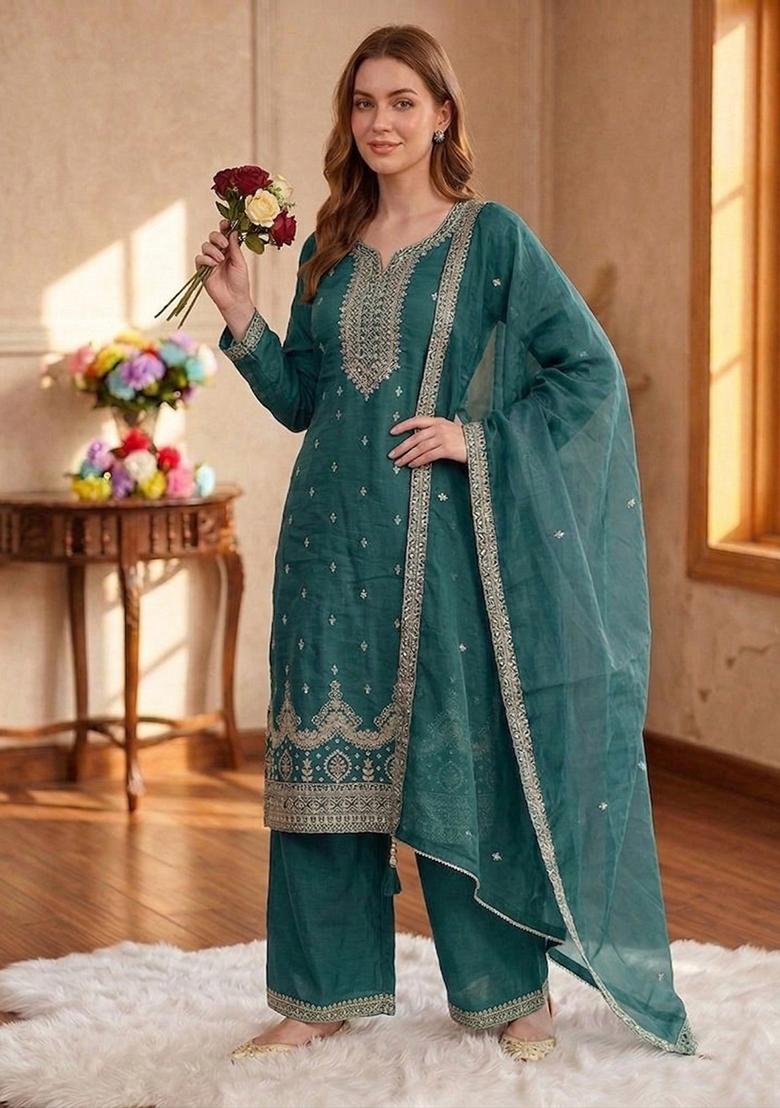 Teal Green Embroidery Silk Salwar Kameez - Indya