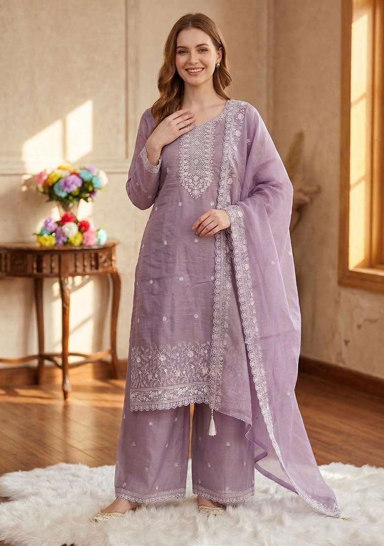 Lavender Embroidery Silk Blend Salwar Kameez - Indya