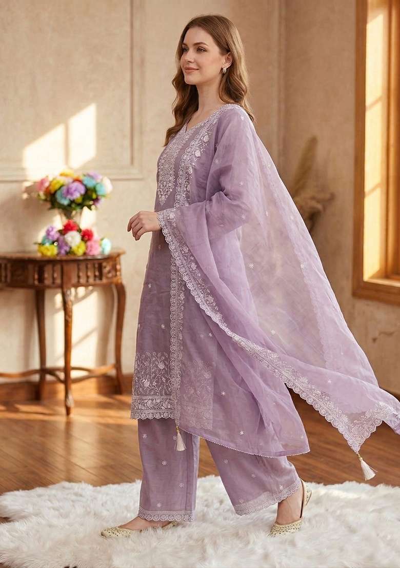 Lavender Embroidery Silk Blend Salwar Kameez - Indya