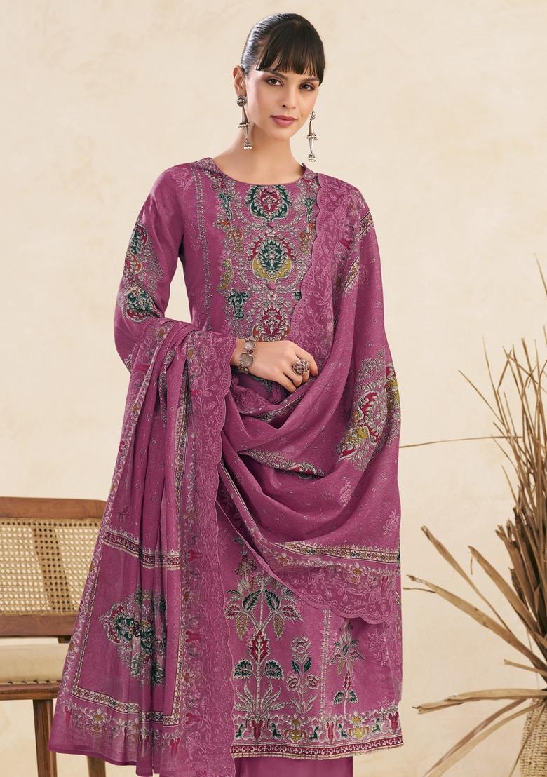 Pink Printed Cotton Salwar Kameez - Indya