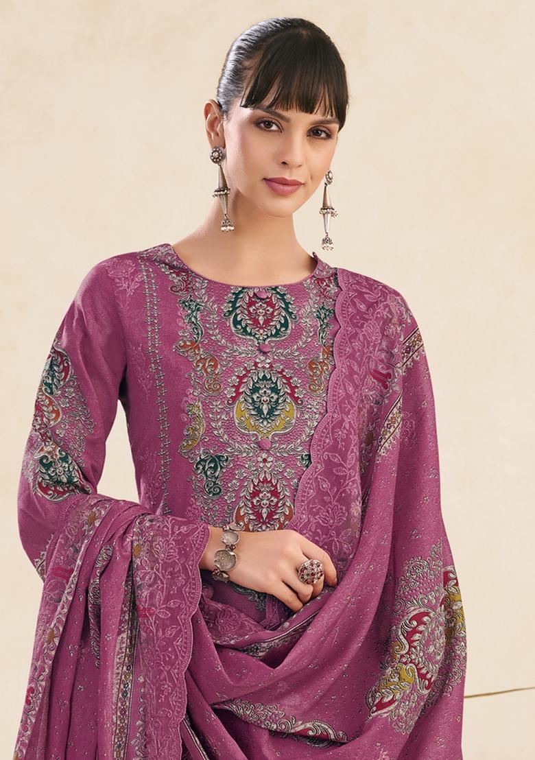 Pink Printed Cotton Salwar Kameez - Indya