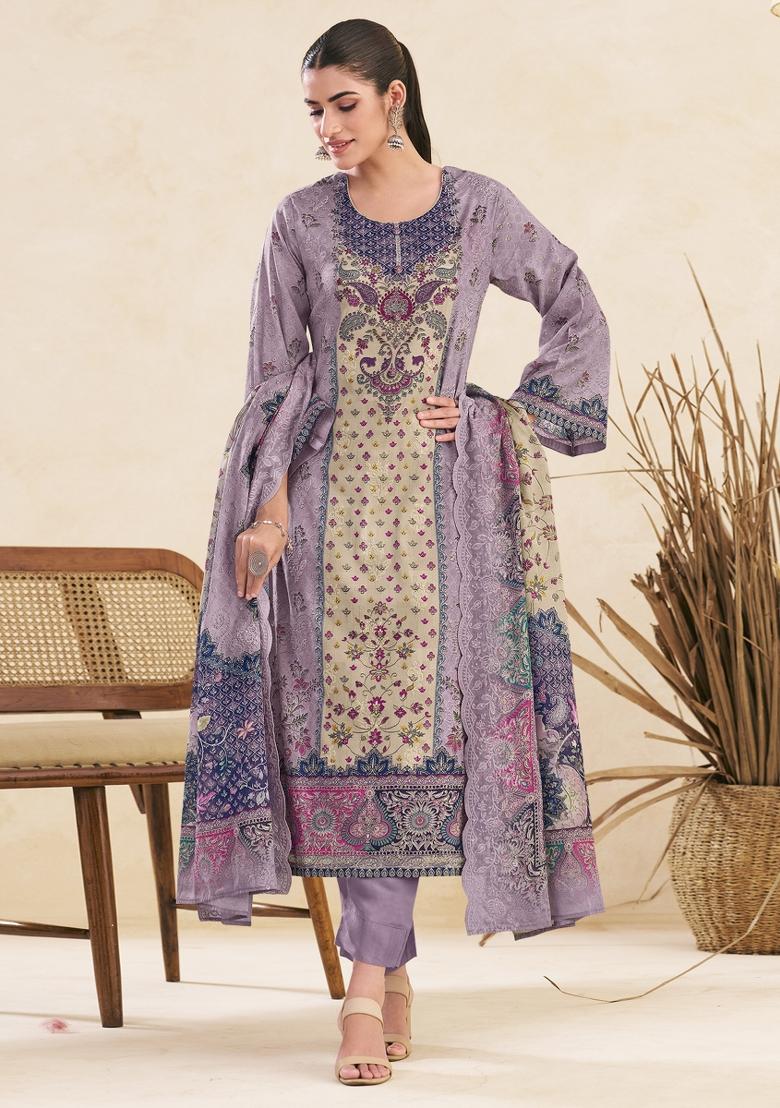 Lavender Printed Cotton Salwar Kameez - Indya