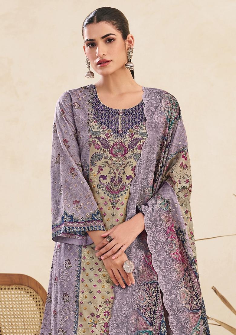 Lavender Printed Cotton Salwar Kameez - Indya