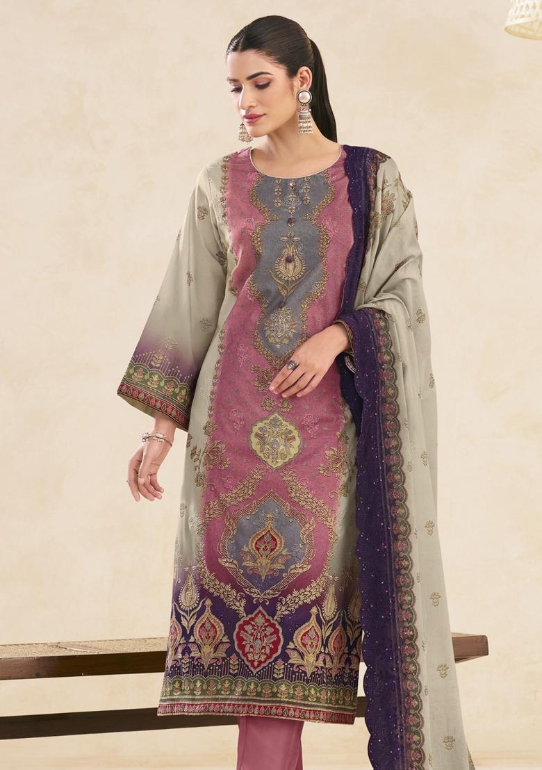 Pink Printed Cotton Salwar Kameez - Indya