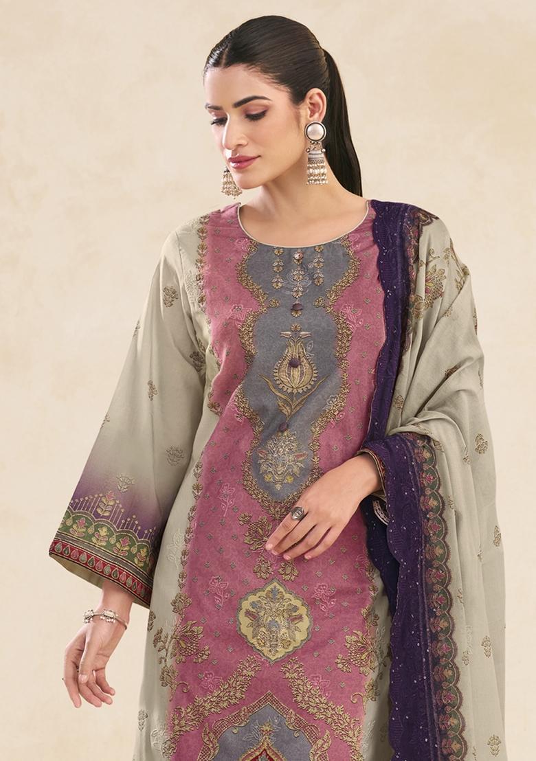 Pink Printed Cotton Salwar Kameez - Indya