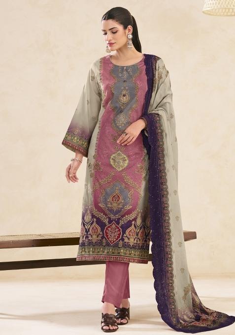 Pink Printed Cotton Salwar Kameez — view on Indya