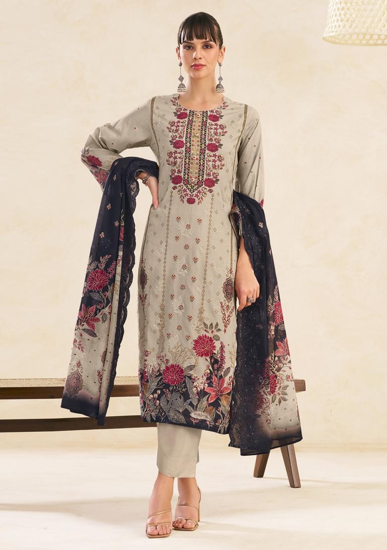 Beige Printed Cotton Salwar Kameez - Indya