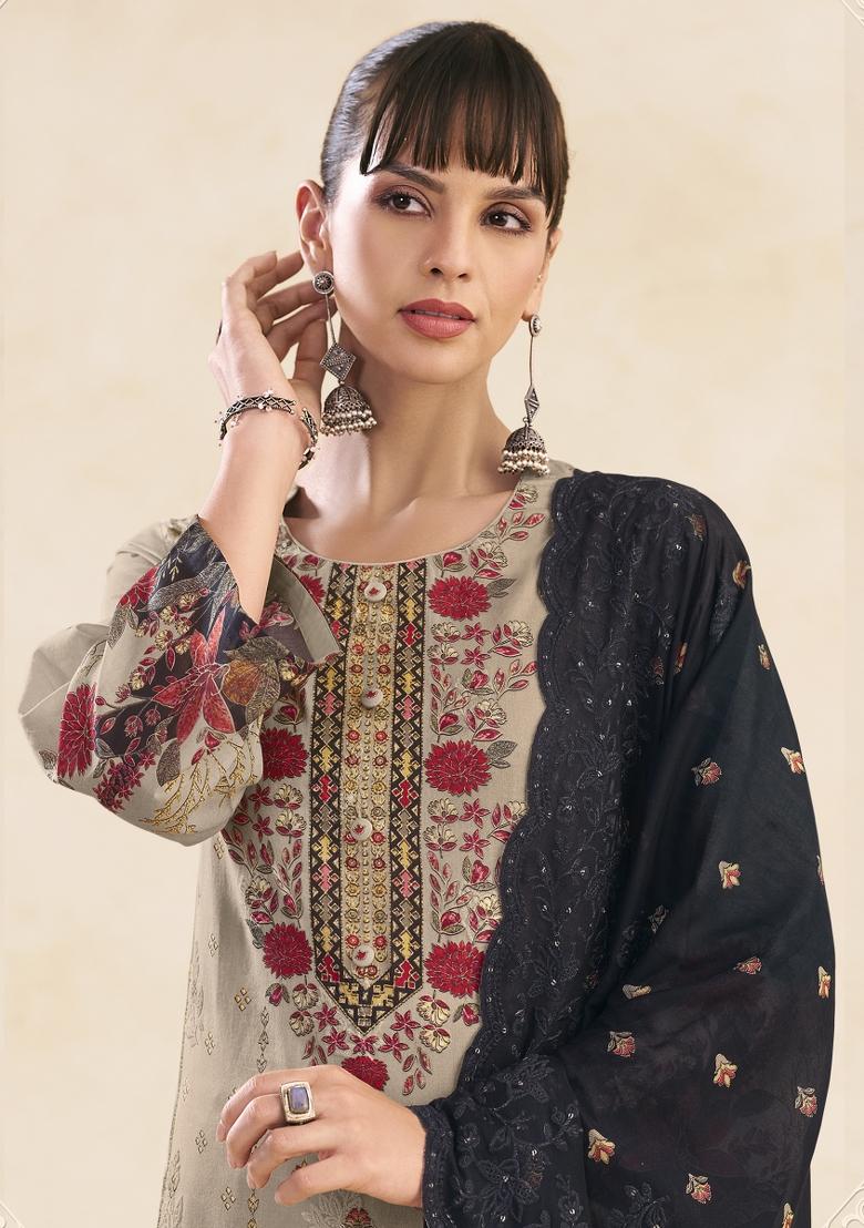Beige Printed Cotton Salwar Kameez - Indya