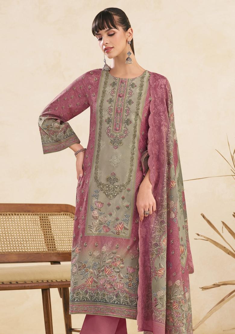 Pink Printed Cotton Salwar Kameez - Indya