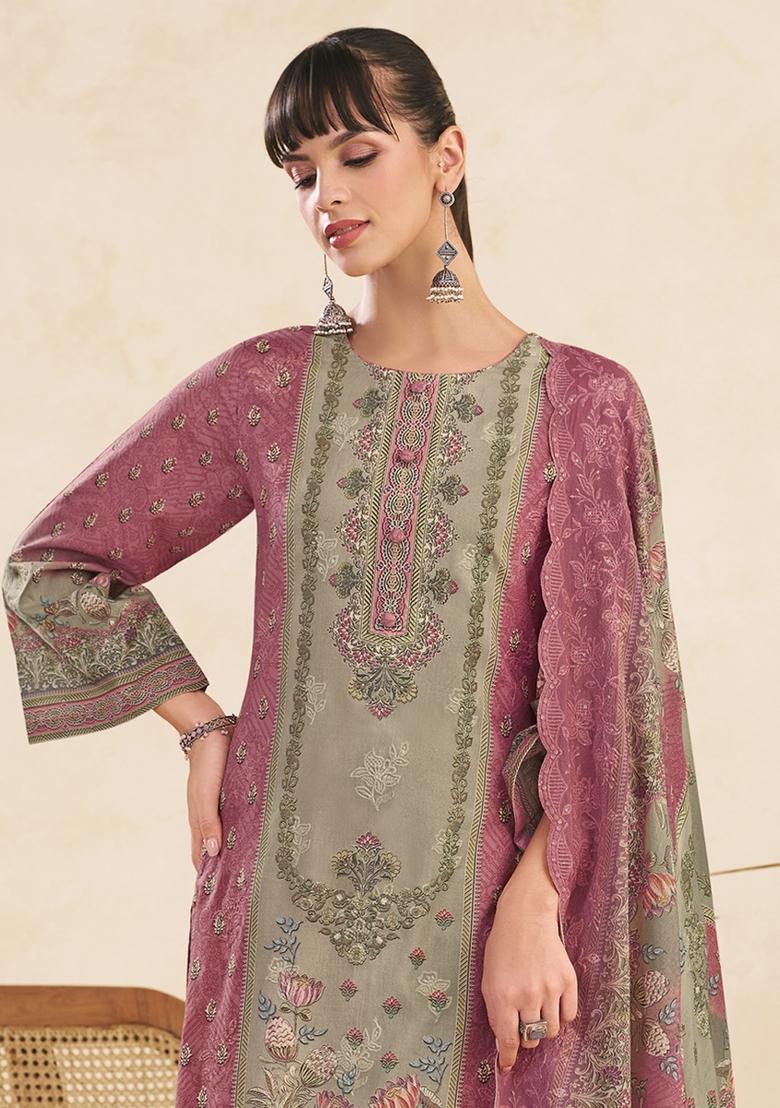 Pink Printed Cotton Salwar Kameez - Indya