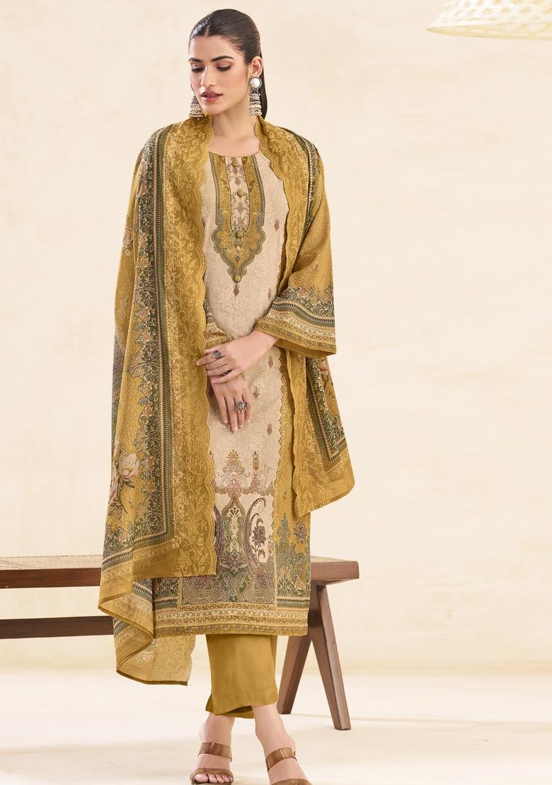 Mustard Printed Cotton Salwar Kameez - Indya