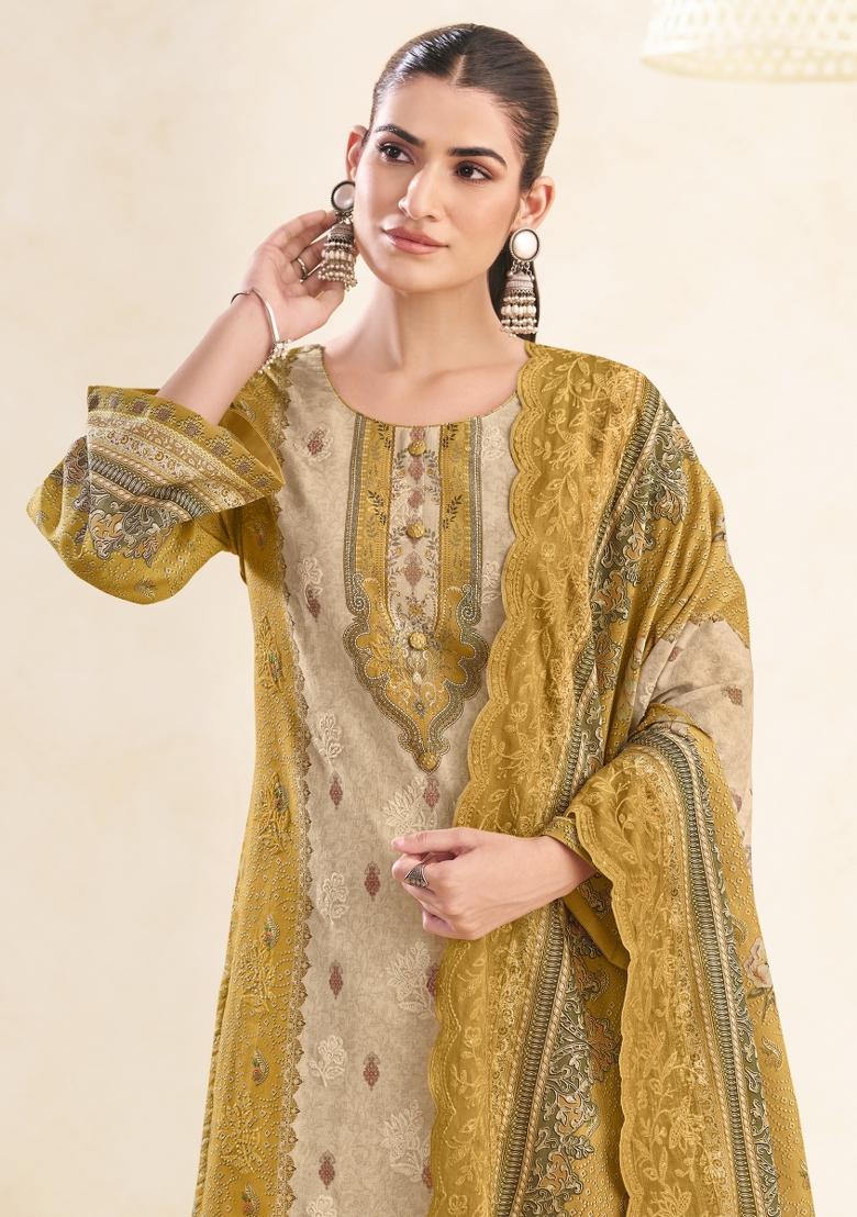 Mustard Printed Cotton Salwar Kameez - Indya