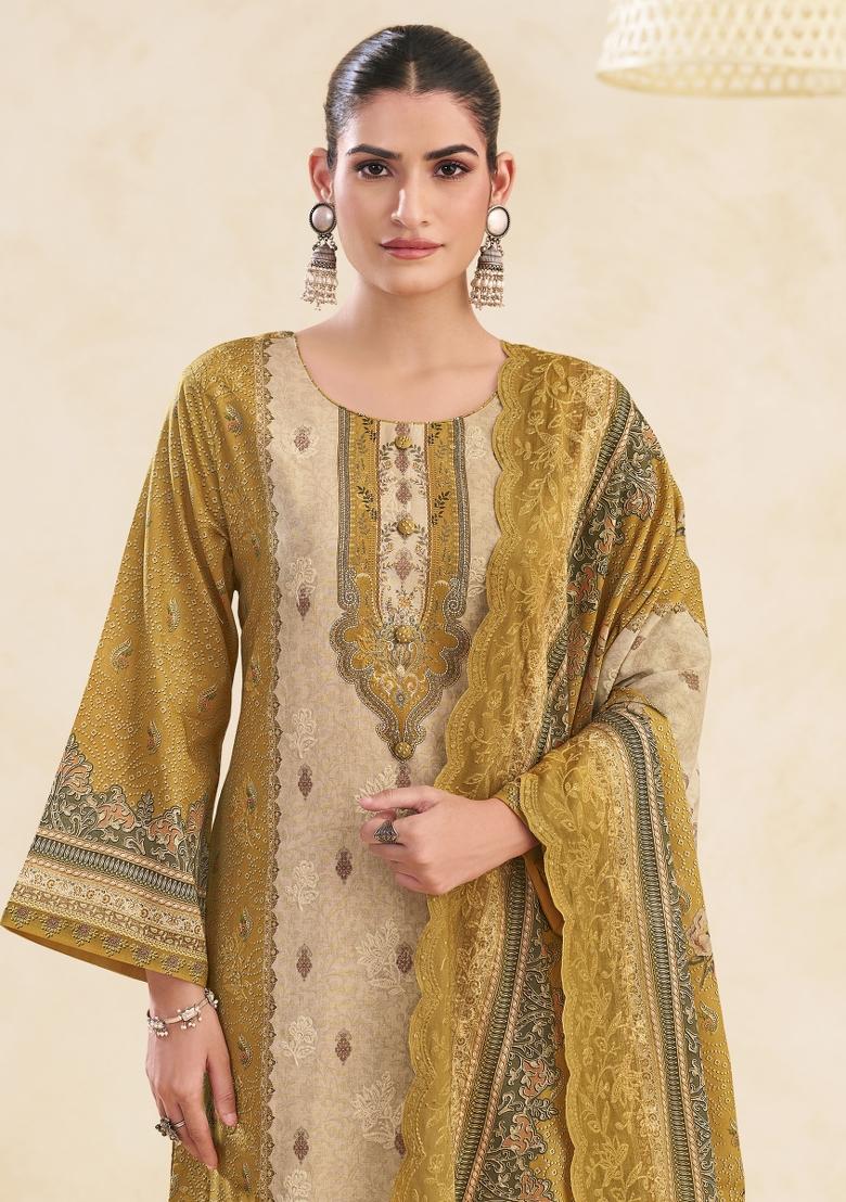 Mustard Printed Cotton Salwar Kameez - Indya