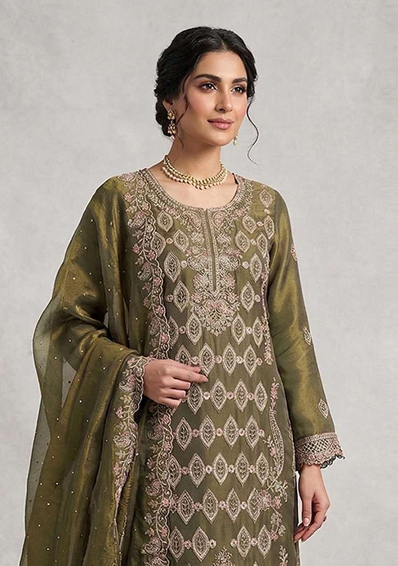 Mehendi Emboidered Silk Blend Salwar Kameez - Indya