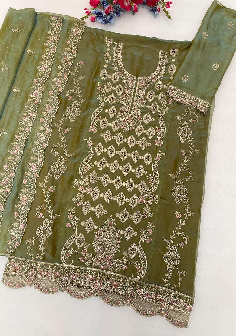 Mehendi Emboidered Silk Blend Salwar Kameez - Indya