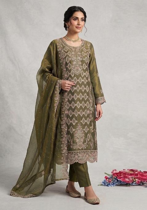 Mehendi Emboidered Silk Salwar Kameez