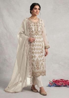 White Emboidered Silk Salwar Kameez