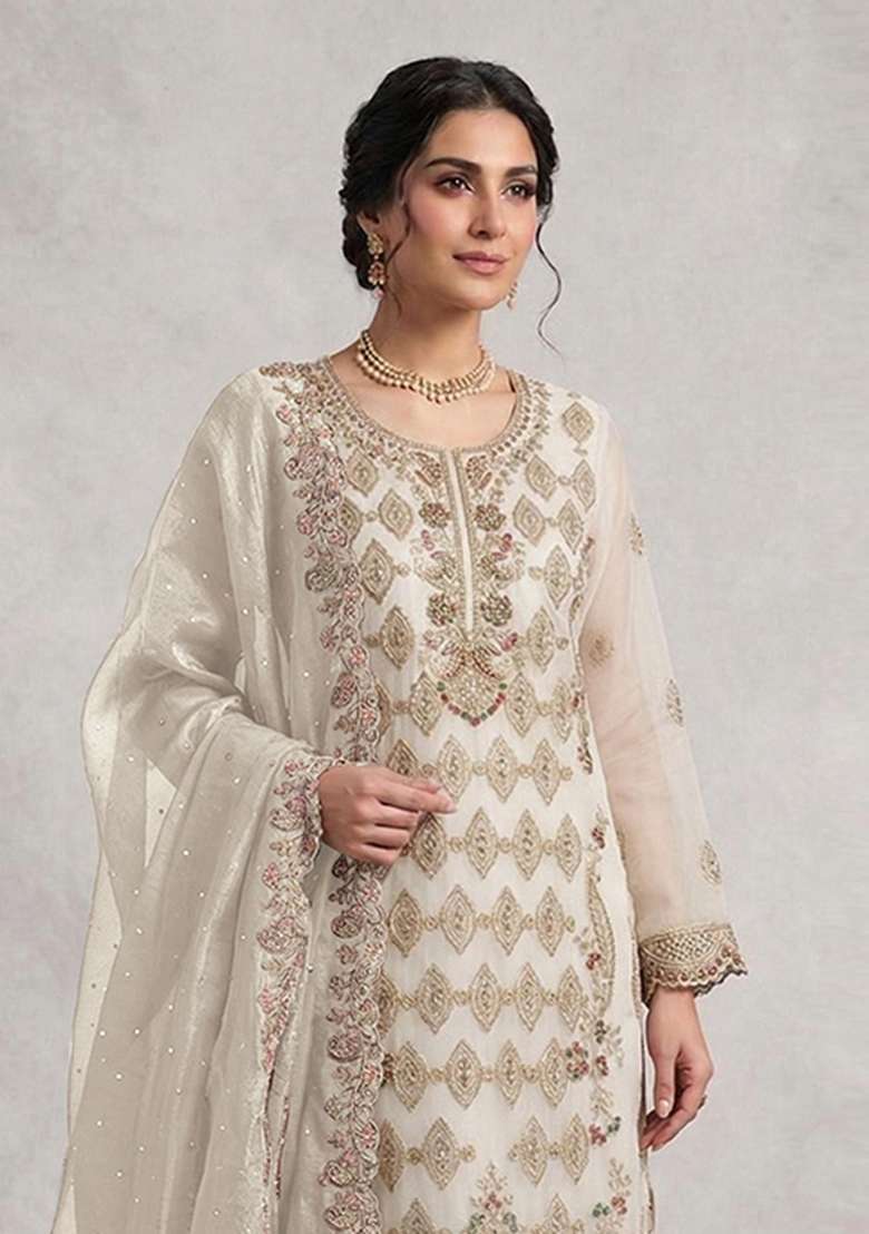 White Emboidered Silk Blend Salwar Kameez - Indya
