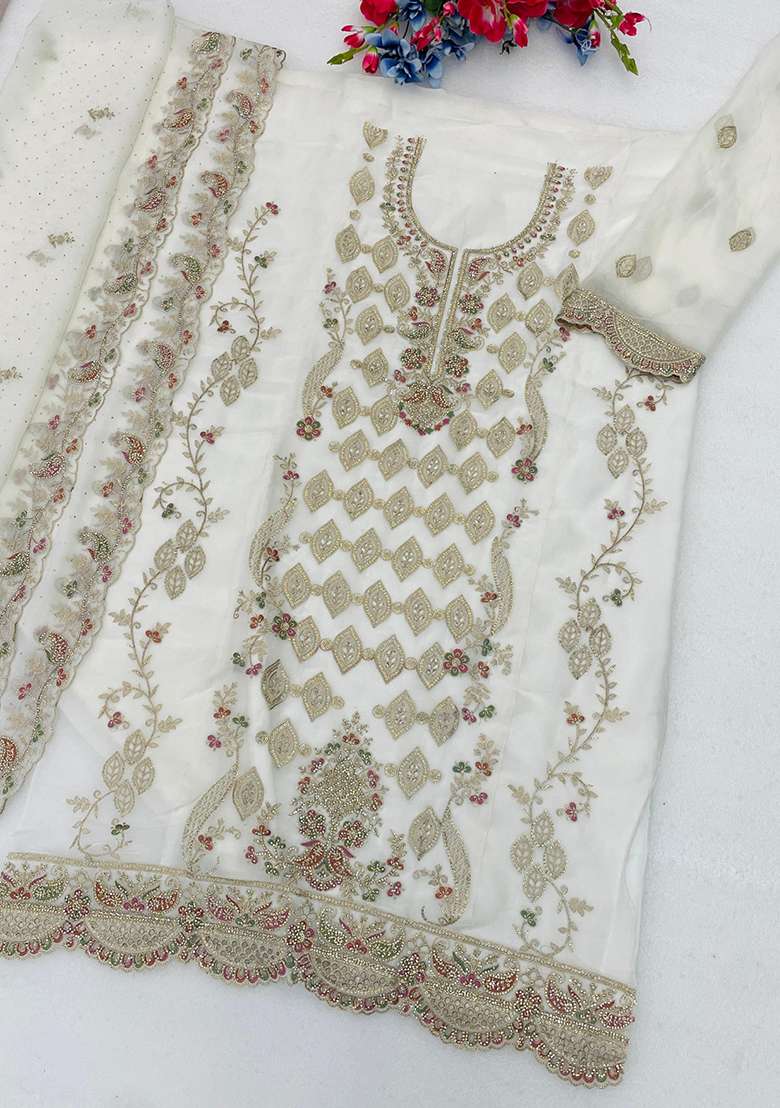 White Emboidered Silk Blend Salwar Kameez - Indya