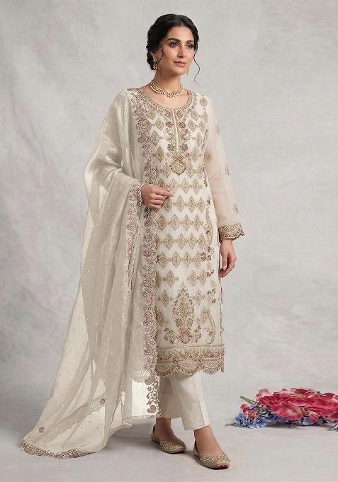 White Emboidered Silk Salwar Kameez