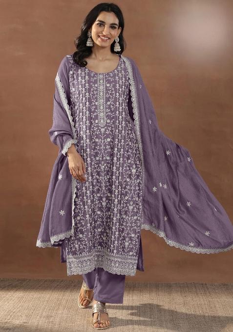 Purple Emboidered Silk Salwar Kameez