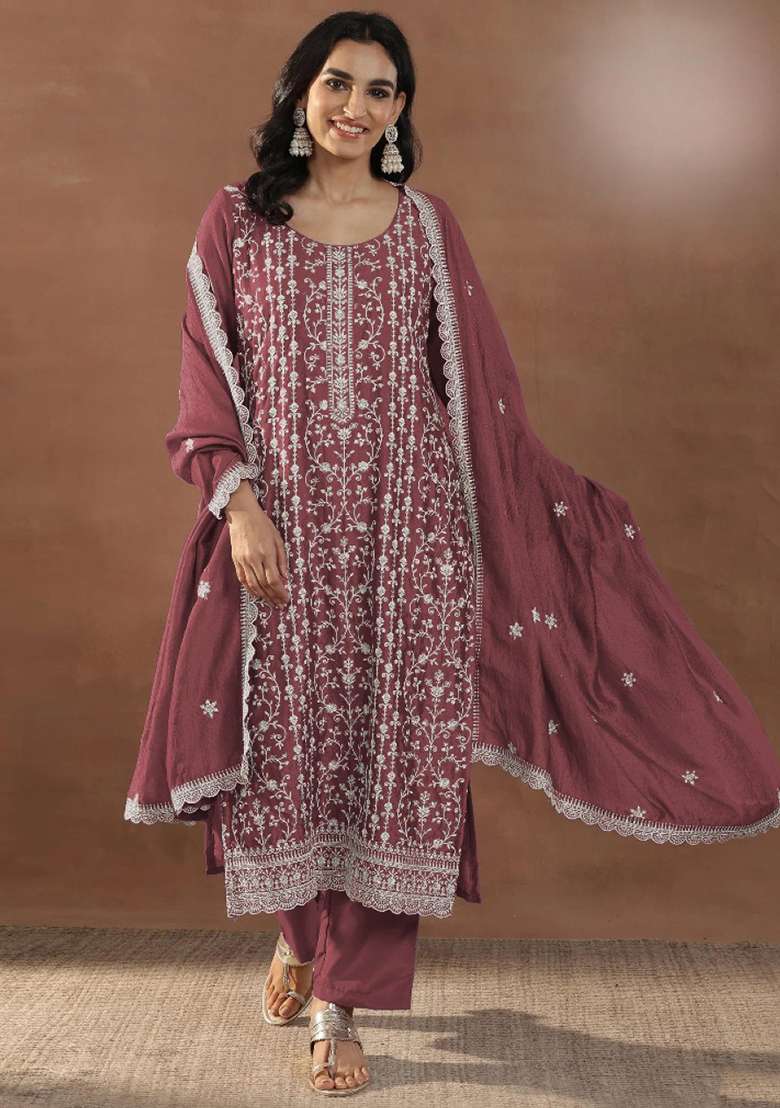 Maroon Emboidered Silk Blend Salwar Kameez - Indya