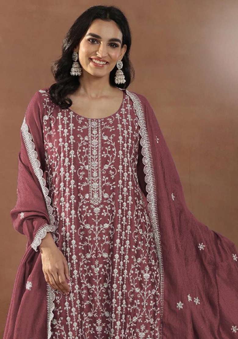 Maroon Emboidered Silk Blend Salwar Kameez - Indya