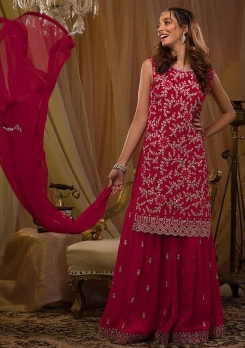 Red Emboidered Georgette Salwar Kameez - Indya