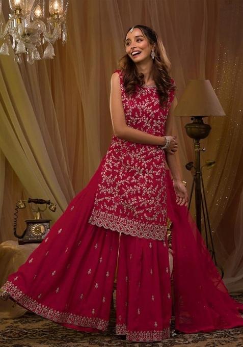 Red Emboidered Georgette Salwar Kameez — view on Indya