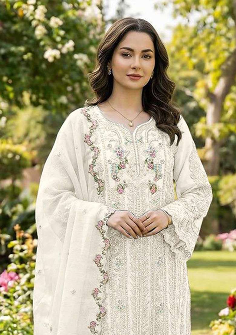 White Crystals Chiffon Salwar Kameez - Indya