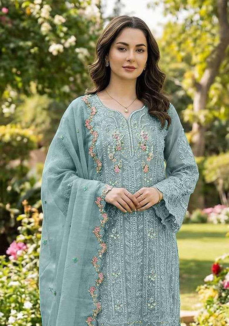 Blue Crystals Chiffon Salwar Kameez - Indya