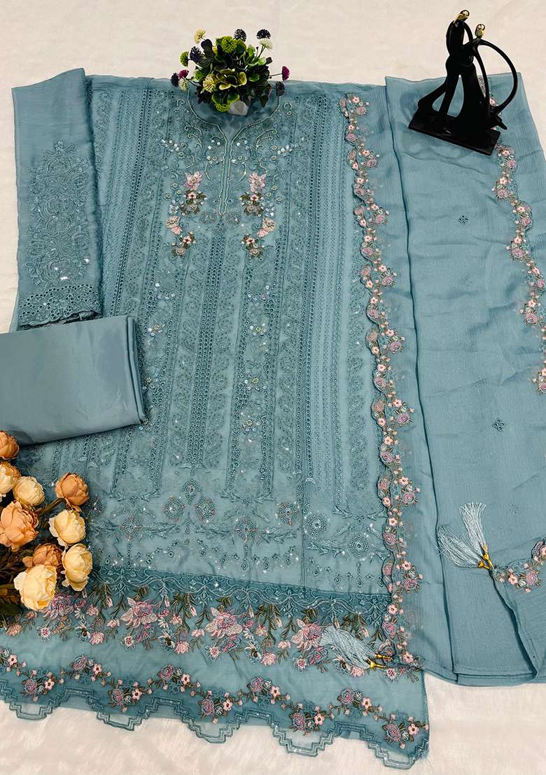 Blue Crystals Chiffon Salwar Kameez - Indya