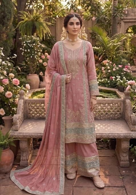 Pink Emboidered Silk Salwar Kameez — view on Indya