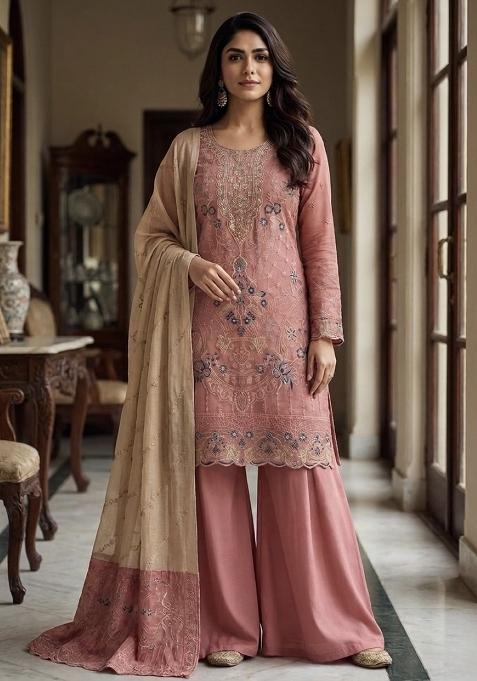 Peach Emboidered Silk Salwar Kameez