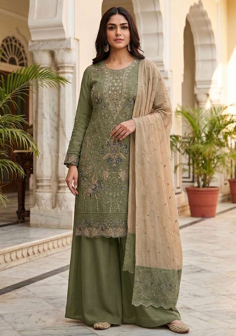 Mehendi Emboidered Silk Blend Salwar Kameez - Indya