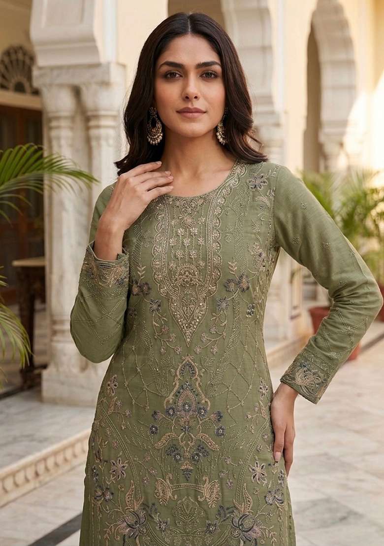 Mehendi Emboidered Silk Blend Salwar Kameez - Indya