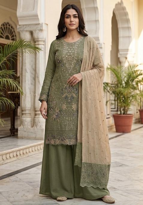 Mehendi Emboidered Silk Salwar Kameez