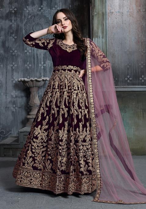 Wine Embroidered Velvet Salwar Kameez