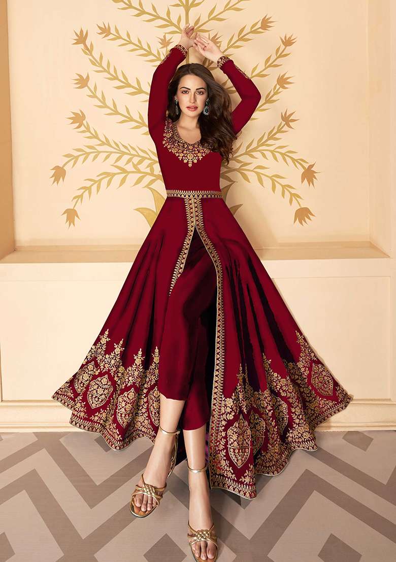 Maroon Embroidered Georgette Salwar Kameez - Indya