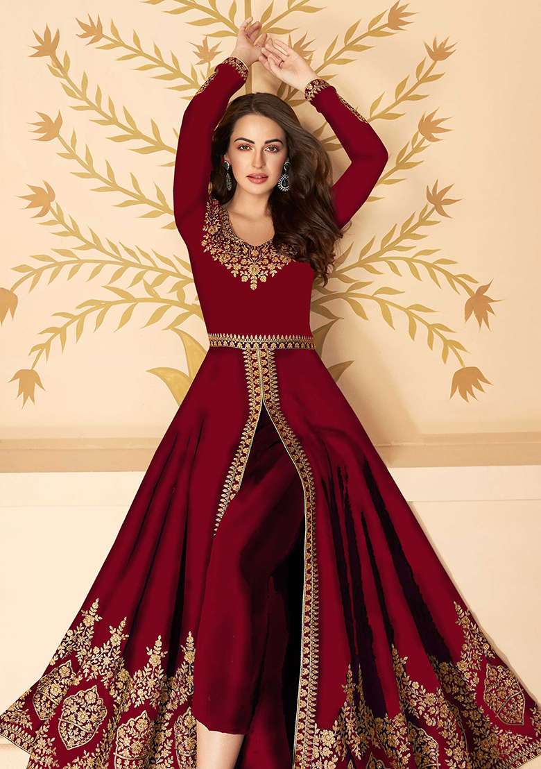 Maroon Embroidered Georgette Salwar Kameez - Indya