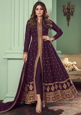 Wine Embroidered Georgette Salwar Kameez